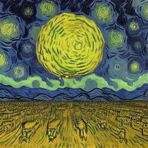Image similar to painting of alien invasion apocalypse by Vincent Van Gogh