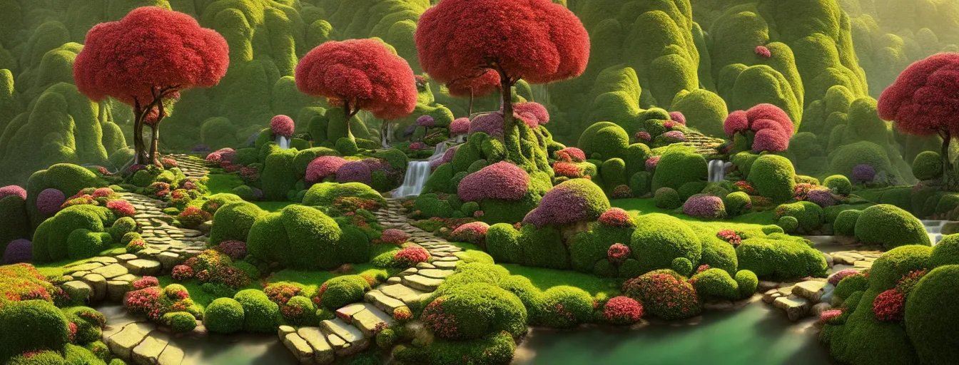 Prompt: a gorgeous very early spring series of lush islands separated by flower - lined streams, twisted gardens, flower paths with stone steps, painting by barlowe wayne maxfield parrish and marco mazzoni. tree no leaf!!!! china mountain village!! very little light verdancy. ultra clear detailed. 3 d, octane render. turbulent blood lake.