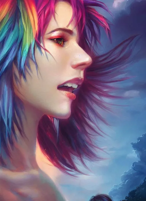 Image similar to girl with rainbow hair, pixie haircut, beautiful highly detailed face, complementary lighting, backlit, black eyeshadow, grinning, adventure, dramatic lighting, landscape background, beautiful painting by artgerm and greg rutkowski and raymond swanland