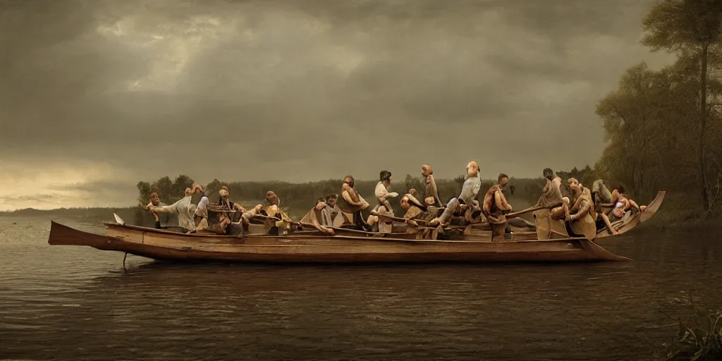 Image similar to A rustic lifeboat with oarsmen in turbulent see, by Gregory Crewdson