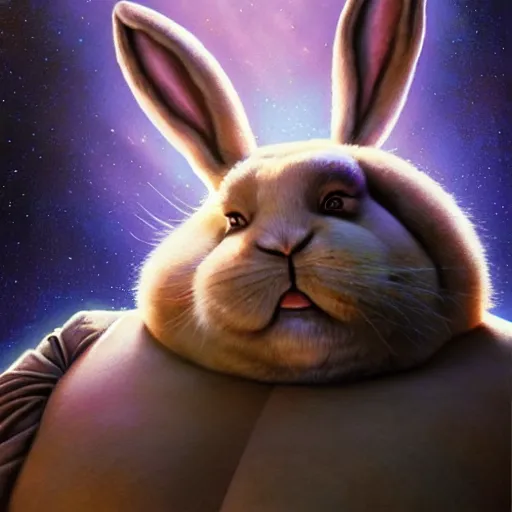 Image similar to hyper realistic, space balls, portrait of a mega derpy john candy, big chungus, with bunny ears, stoned, by greg rutkowski, scott m fischer, artgerm, loish, slight glow, atmospheric, anne stokes, alexandros pyromallis