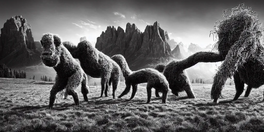 Image similar to photography of hay monsters, dancing, forest, dolomites, alpine, detailed intricate insanely detailed octane render, 8k artistic 1920s photography, photorealistic, black and white, chiaroscuro, hd, by David Cronenberg, Raphael, Caravaggio