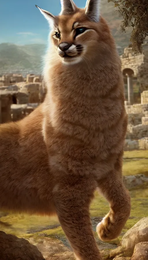 Prompt: fullbody photo of cute fluffy caracal as alexander the great, ancient greek city, sun behind him, sunny day, by ilya kuvshinov, rtx rendering, octane render 1 2 8 k, maya, extreme high intricate details by tom bagshaw, medium shot, close up shot, composition by sana takeda, lighting by greg rutkowski