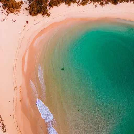 Prompt: aerial drone photograph of a beautiful beach in western Australia, red!! sand, golden hour, high quality, award winning, Canon EOS R3, f/1.4, ISO 200, 1/160s, 8K, RAW, unedited, symmetrical balance, in-frame