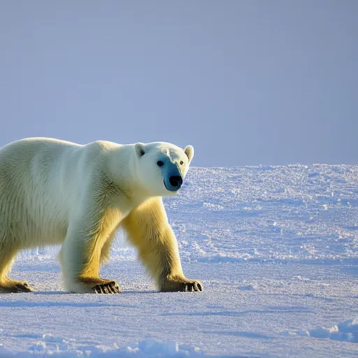 Prompt: The polar bear is white and fuzzy, and it's walking across a field of snow. The snow is deep and pristine, and the air is frigid. The polar bear is trudging through the snow, its head down and its breath visible in the cold air, by wu daozi, qiu ying, gu gaizhi