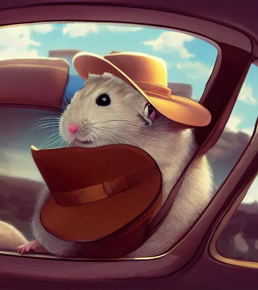 Image similar to a hamster wearing a cowboy hat looking out the driver's seat window of a hamster-sized pick-up truck. By Makoto Shinkai, Stanley Artgerm Lau, WLOP, Rossdraws, James Jean, Andrei Riabovitchev, Marc Simonetti, krenz cushart, Sakimichan, trending on ArtStation, digital art.