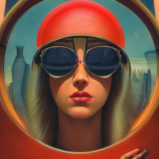 Prompt: detailed face of a woman, clockwork, moment, tectonic sky, skydome, bullet train, turbines, utopian, tech noir, wet reflections, prism, atmospheric, ambient, pj crook, syd mead, livia prima, artgerm, greg rutkowski, nick alm, casey baugh, blonde, gold tinted sunglasses, red snow hat