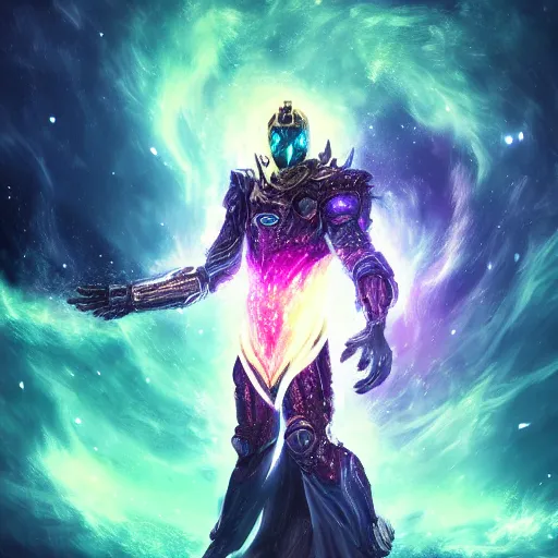 Image similar to photorealistic fantasy cosmic concept art of a cosmic nebula God in dark matter armor hovering in a unknown galaxy, fully body portrait, cinematic, dynamic lighting, ultra detailed, creative, trending on art station