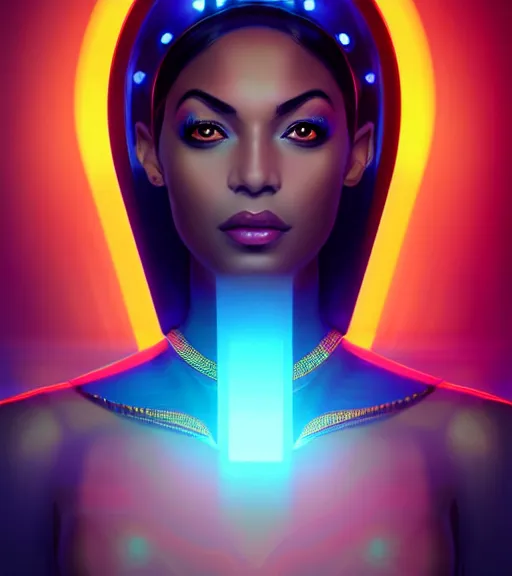 Image similar to symmetry!! egyptian princess of technology, solid cube of light, hard edges, product render retro - futuristic poster scifi, lasers and neon circuits, brown skin gorgeous egyptian princess, intricate, elegant, highly detailed, digital painting, artstation, concept art, smooth, sharp focus, illustration, dreamlike, art by artgerm