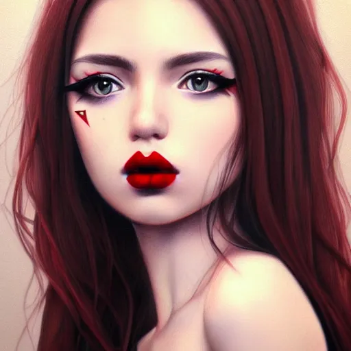 Image similar to a realistic illustration portrait of a beautiful cute girl with wavy black red hair, a pointy nose and, round chin black eyeliner, trending on artstation, intricate sift lighting, realistic