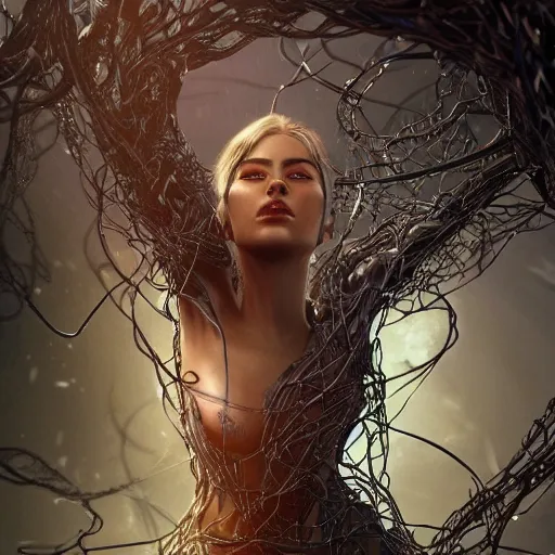 Image similar to a highly detailed digital image of a shattering futuristic woman elegantly tangled in vines, by Andrew Chiampo, artstation, and Frederik Heyman, extremely detailed woman, stunning volumetric lighting, hyper realism, fantasy 4k,