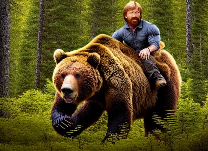 Image similar to photo of chuck norris riding his grizzly bear, in the forest. fantasy magic style. highly detailed 8 k. intricate. nikon d 8 5 0 5 5 mm. award winning photography.