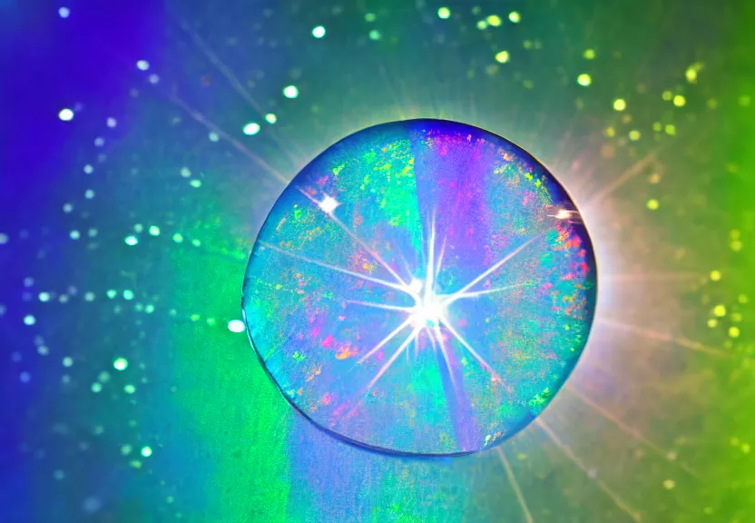 Image similar to iridescent gemstone, refraction, shining, opal, diamond, sapphire, topaz, nature, photo, blur, macro lens, lens flare