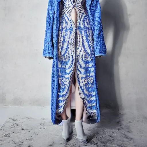 Image similar to fashion 2 0 5 0 fantastic openwork long coat with intricate pattern on a beautiful symmetrical girl with blue hair, hyper realistic photos
