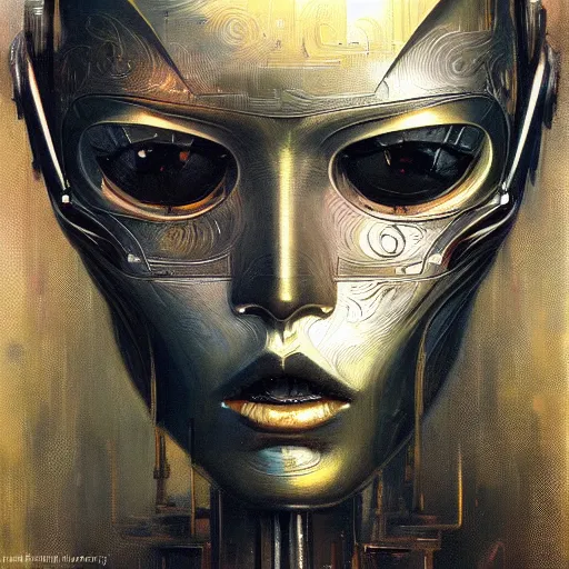 Image similar to an intricate, detailed face of an robot, metal skin with some scratches, dramatic lighting, sci-fi, trending on artstation, art nouveau, by John Berkey