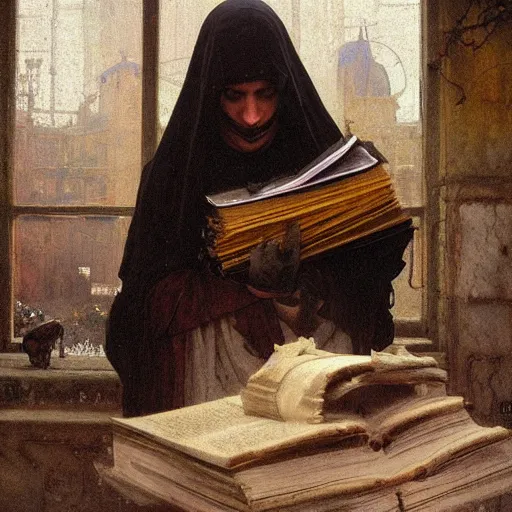 Prompt: half portait of magican wearing a closed cowl holding a big old book! chained!!! to his wrist, jeremy mann, jean leon gerome, alphonse mucha, greg rutkowski, hood covers his eyes, ( ( ruins of ancient rome ) ), at dusk, mysterious atmosphere, sunrays, dof, masterpiece, high detailed, 8 k