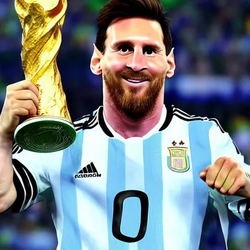 Prompt: lionel messi lifting the fifa world cup wearing the argentina shirt, extremely detailed, 9 k