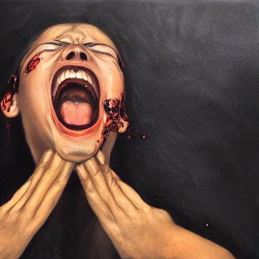 Prompt: black liquid leaking from the orifices of a screaming person, potrait, realistic, award winning