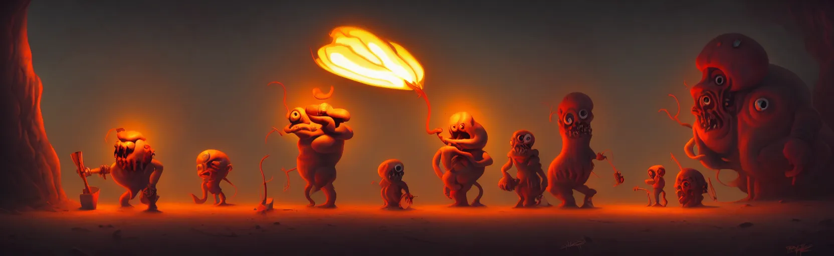 Prompt: uncanny whimsical savage mutants from the depths of a vast wasteland in the collective unconscious, dramatic lighting from fiery torches, surreal fleischer cartoon characters, shallow dof, surreal painting by ronny khalil