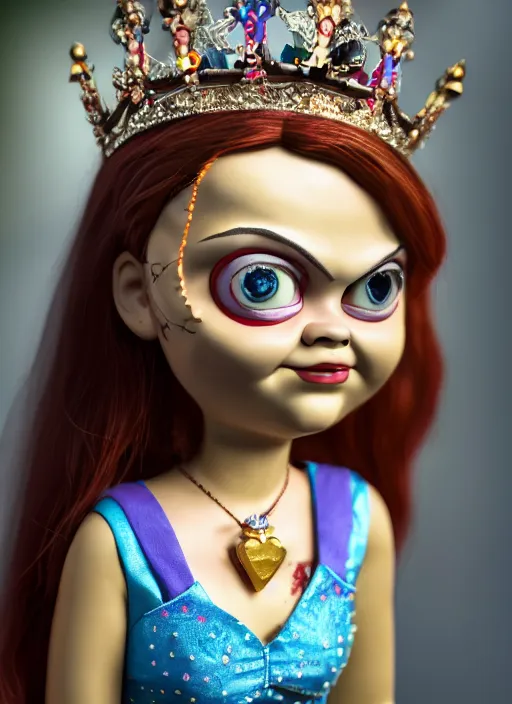 Prompt: closeup face profile portrait of a tin toy greta thunberg as the bride of chucky as a fairytale princess wearing a crown, bikini, depth of field, zeiss lens, detailed, fashion photoshoot, by nicoletta ceccoli, mark ryden, lostfish, breathtaking, 8 k resolution, extremely detailed, beautiful, establishing shot, artistic, hyperrealistic, octane render