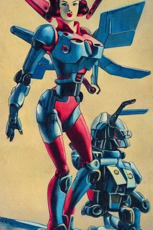 Prompt: full body cyberpunk beautiful woman, on a gundam, in the style of a 1 9 4 0 s oil painted pin - up, frank frazetta