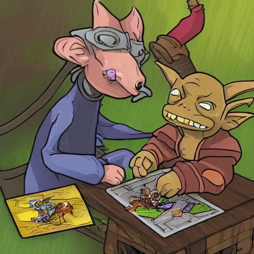Prompt: a goblin and a kobold playing Dungeons&Dragons with colorful dice, handbooks, pencil and paper, studio Ghibli style