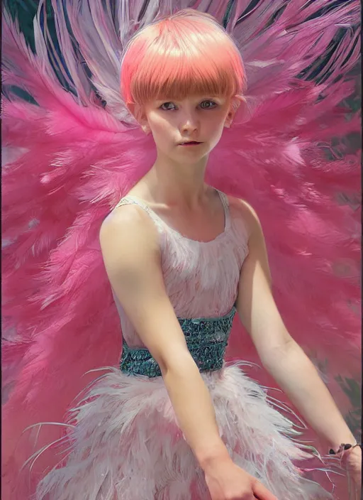 Image similar to beautiful little girl with an pink eccentric haircut wearing an dress made of feathers dancing on stage, artwork made by ilya kuvshinov, inspired in donato giancola, hd, ultra realistic, reflection, flowers, light, realistic face