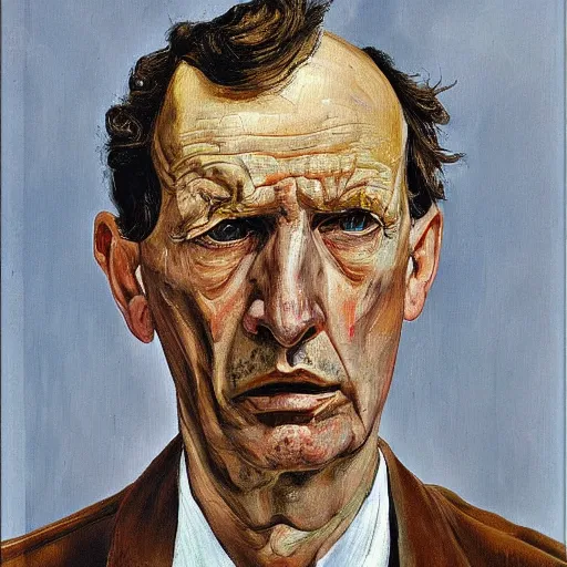 Prompt: Oil painting Portrait of a sad Man, by Lucian Freud, Abstract brush strokes, Masterpiece