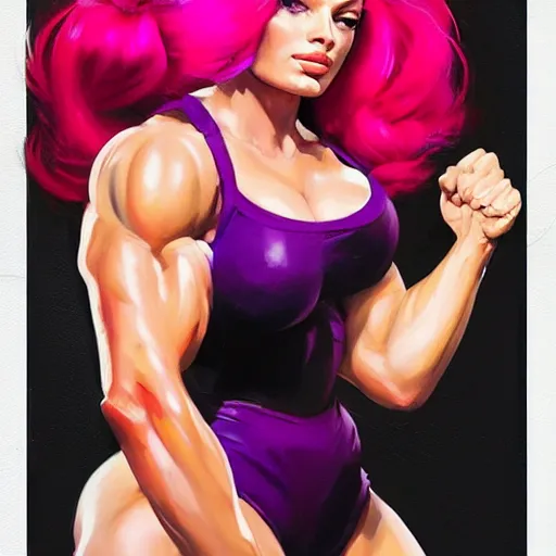 Prompt: greg manchess portrait of margot robbie as very happy thick muscular female bodybuilder zarya from overwatch with pink hair in disco elysium, fantasy, medium shot, asymmetrical, profile picture, organic painting, matte painting, bold shapes, hard edges, street art, trending on artstation, by huang guangjian and gil elvgren and sachin teng