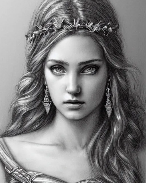 Image similar to pencil drawing of the very beautiful greek goddess aphrodite wearing a laurel wreath with arrowhead earrings, piercing eyes, beautiful flowing hair, hyper realistic face, in the style of greg rutkowski, fantasy, amazing detail, epic, elegant, smooth, sharp focus