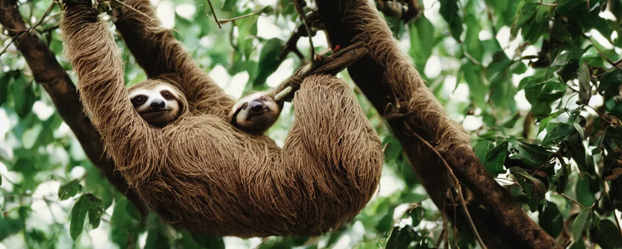 Image similar to a sloth eating spaghetti off a tree, in the style of wes anderson, canon 5 0 mm, kodachrome, retro