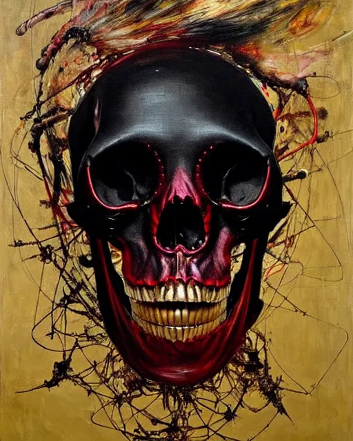 Prompt: a skinned skull nightmare creature, cinematic, dystopian, eerie, horror, gothic, draped in gold, black and red, highly detailed painting by !!!Jenny Saville!!!, Esao Andrews, (((Francis Bacon))), Edward Hopper, surrealism, art by Takato Yamamoto and James Jean