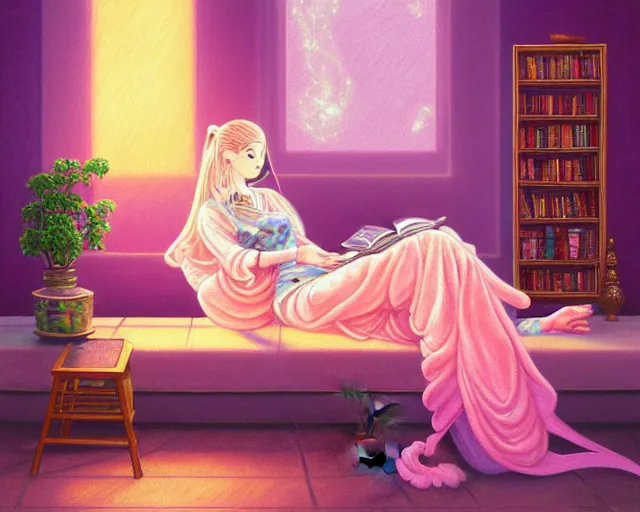 Image similar to a pastel painting of a woman wizard lounging on a purpur pillow on the marbled checkered floor in her study room reading an ancient tome. to the side is a potted plant, candlelit raytracing. ancient oriental retrofuturistic fantasy setting. 4 k key art. by yoshitaka amano and mark tedin