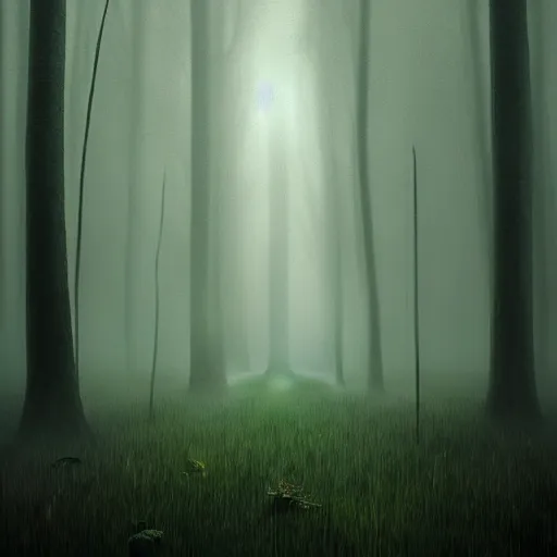 Image similar to A beautiful but eerie forest, shrouded in mist that is filled with scary glowing monsters, in the style of Keith Thompson and Zdzislaw Beksinski, Artstation HD, 8k, Surrealistic digital artwork,