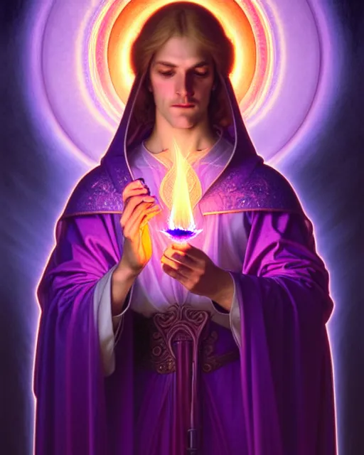 Image similar to portrait of saint germain holding a violet colored flame, purple fire, intricate, elegant, highly detailed, digital painting, artstation, concept art, smooth, sharp focus, illustration, art by artgerm and greg rutkowski and fra angelico and alphons mucha