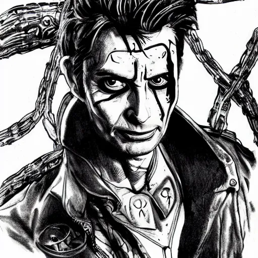 Prompt: David Tennant in Spawn, concept art, illustration in pen an ink, black and white, by  Greg Capullo