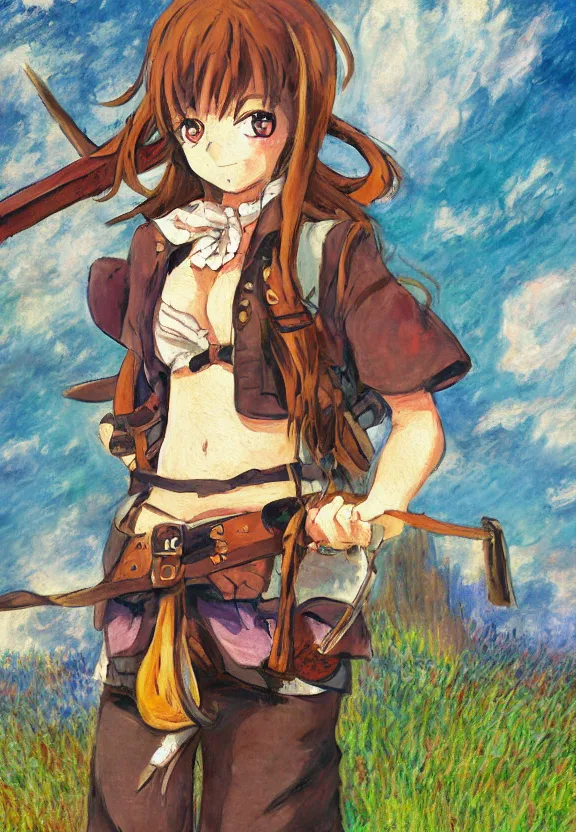 Image similar to wide angle painting of a teenage pirate girl, a thrifty uniform, somewhat of an anime in impressionist style, trending artwork, illustrated in anime painter studio, by claude monet and an anime artist, collaboration