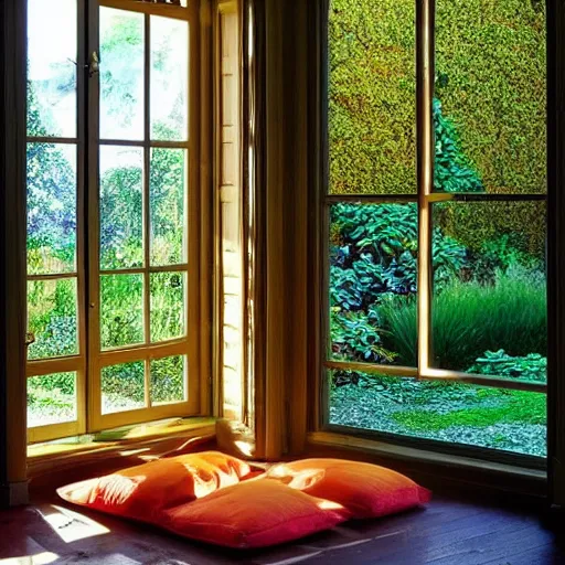 Prompt: meditative room in the warm morning sunlight with windows showing a beautiful garden, serene, colorful