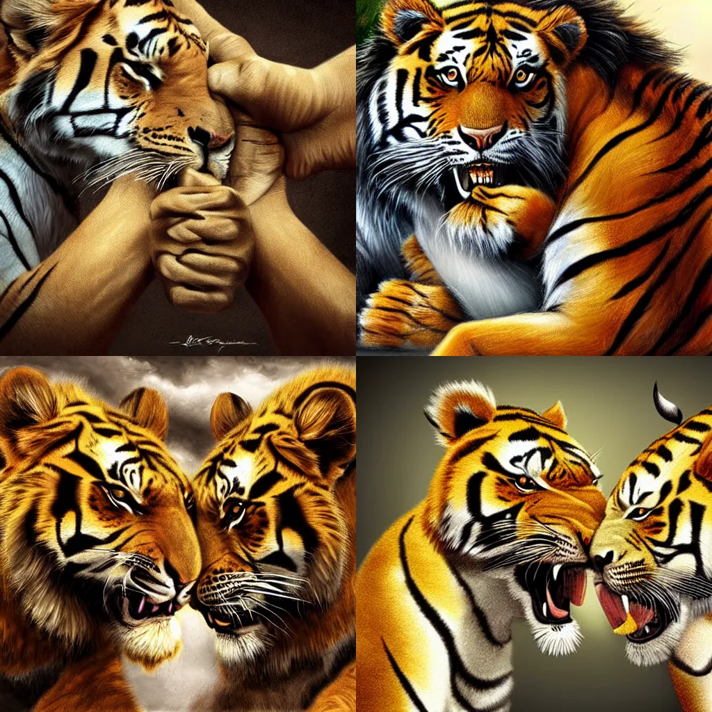 Prompt: a tiger and a lion armwrestling,digital art,realistic,detailed,anthro