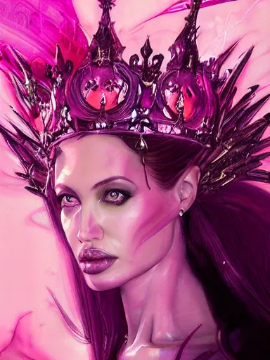 Image similar to pink portrait of beautiful female angel queen Angelina Jolie head wearing shiny pink crown, subtle purple accents, hyper details, black metal rococo, sculpted by Alex Alice, Craig Mullins, yoji shinkawa, trending on artstation, beautifully lit, Peter mohrbacher, hyper detailed, insane details, intricate, elite, elegant, luxury, ray of light through smoke, CGsociety, hypermaximalist, blackpink, golden ratio, volumetric, octane render, weta digital, micro details, 3d sculpture