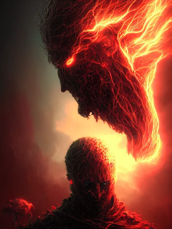 Image similar to fine portrait of dark soul artwork by yoshitaka amano and dan mumford, 4 k, hyper detailed, uhd, volumetric lightning, octane render, trending on artstation