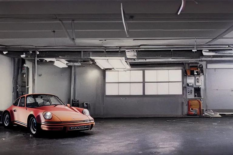 Prompt: a single 1 4 8 0 porsche 9 1 1, inside of a tokyo garage, ektachrome photograph, volumetric lighting, f 8 aperture, cinematic eastman 5 3 8 4 film