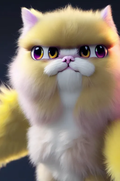 Image similar to high quality 3 d render hyperrealist very cute multipastel fluffy! grumpy griffin cat hybrid with fluffy wings!, vray smooth, in the style of detective pikachu, hannah yata charlie immer, dramatic yellow light, low angle, uhd 8 k, sharp focus