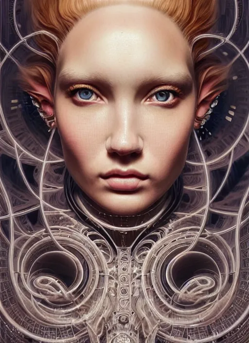 Prompt: a highly detailed photo of very intricate female face full - length portrait, futurism, rococo cyber tattoo lighting, detailed futuristic fibonacci jewelry, profile posing, hyper photorealistic, crispy quality, digital photography, trending in pinterest, cinematic, 4 k ultra hd, art by pascal blanche, art by greg rutkowski, art by artgerm,