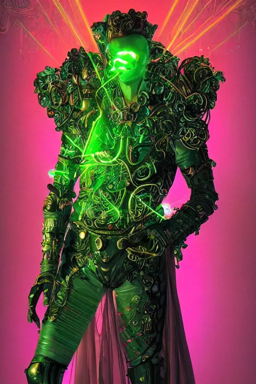 Prompt: full-body sculpture of a young handsome Spanish prince as a half cibernetic android with a glowing green diamong in his chest, pink laser beams coming out of his eyes, crown of giant jewels, flowing neon-colored silk, human skull mask, geometric shapes in a cyperbunk and baroque style. intricate artwork by caravaggio. Trending on artstation, octane render, cinematic lighting from the right, hyper realism, octane render, 8k, depth of field, 3D