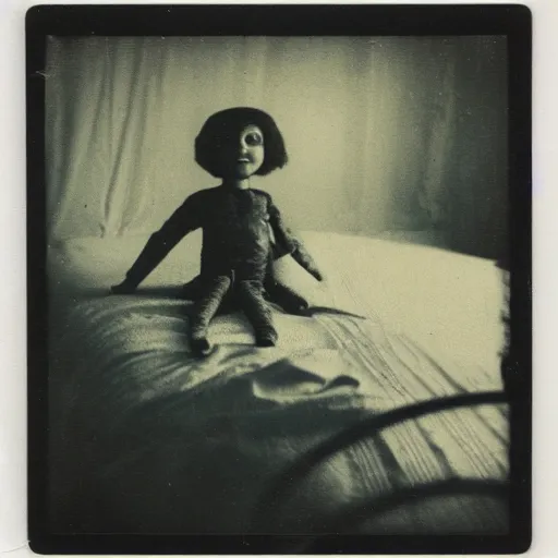 Prompt: a very beautiful old polaroid picture of a creepy doll in a bedroom, award winning photography