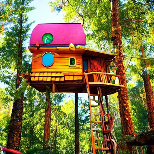 Image similar to Treehouse from the Pixar movie Up, solar, bright sky, vivid colors, beautiful