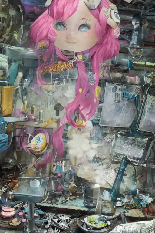 Image similar to highly detailed, industrial photography, profile view of adult princess bubblegum from adventure time, working in her science lab, wearing lab coat, long bubblegum hair, long straight bangs, confident, beautiful, attractive, illustration concept art by nicoletta ceccoli, mark ryden, lostfish, detailed and intricate environment, 8 k resolution, hyperrealistic, octane render