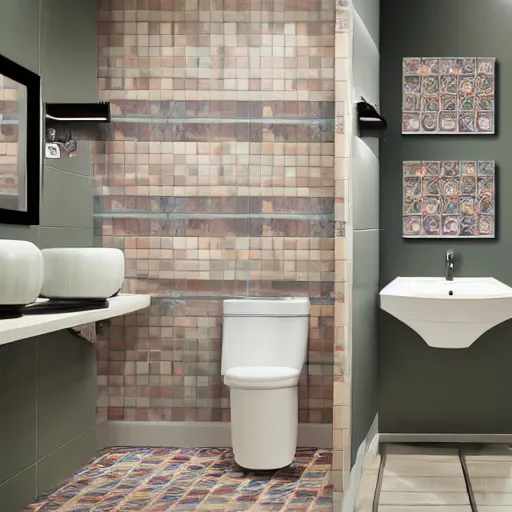 Prompt: award-winning wall hung toilet deco catalog photo, tiled walls with slightly rusty looking hexagonal tiles