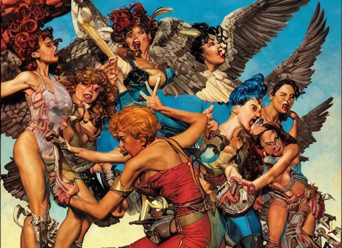 Image similar to harpies attack, dynamic action, by norman rockwell and jesper ejsing and jason fabok and tom lovell and frank schoonover and jack kirby